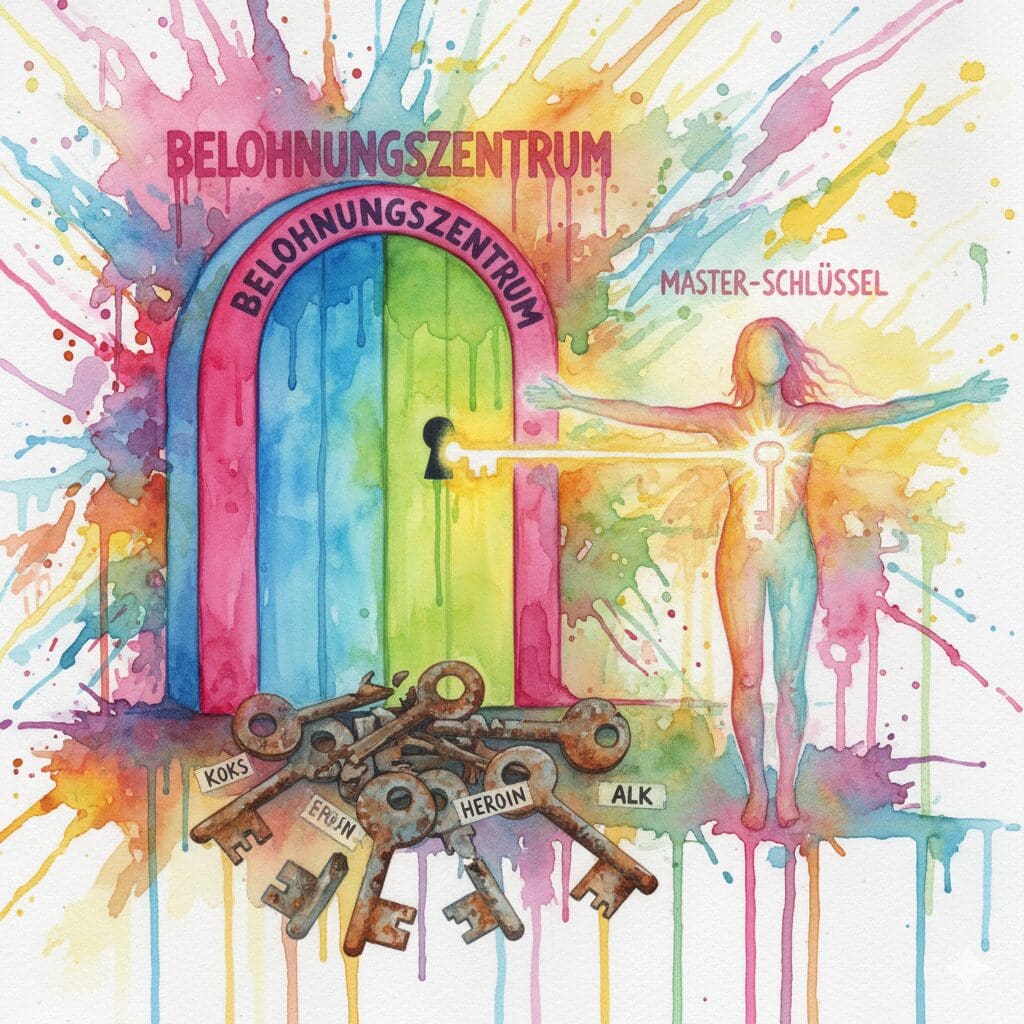 Eine Person erkennt, dass sie selbst der Master-Schlüssel zu ihrem Gehirn ist und nicht die rostigen Schlüssel (Drogen). Symbol für die körpereigene Drogenproduktion.