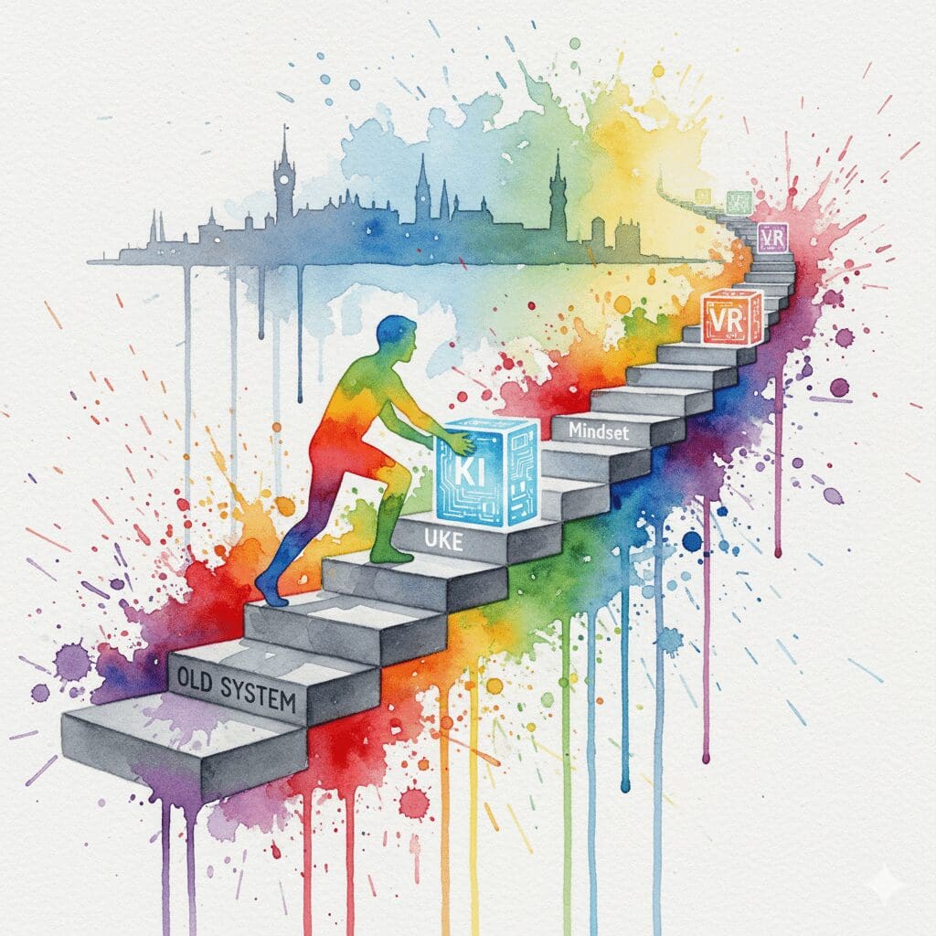 Eine Person baut ihren eigenen Weg aus alten (Therapie) und neuen (KI, VR, Mindset) Bausteinen vor der Hamburger Hafen-Kulisse.