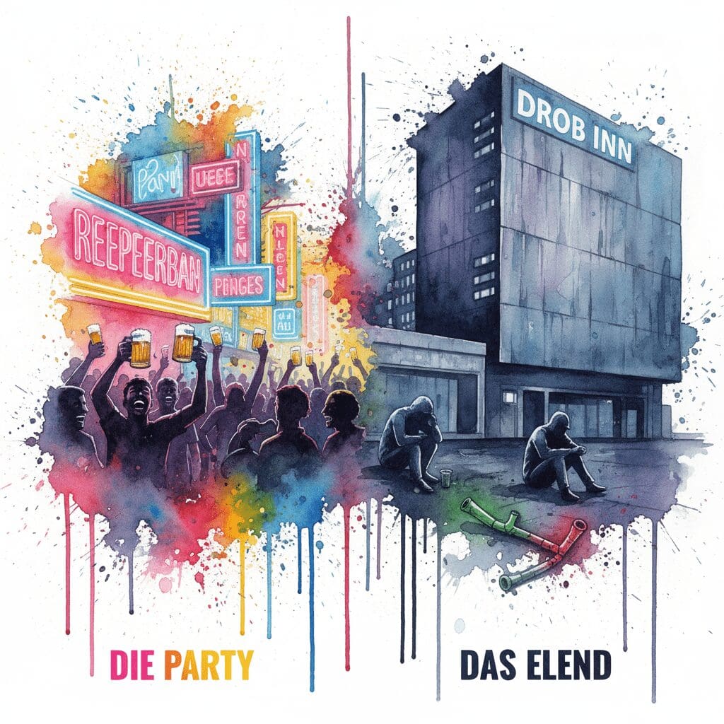 Geteiltes Bild: Links die Reeperbahn-Party, rechts die Drogenszene vor dem Drob Inn. Symbol für die gespaltene Realität Hamburgs.