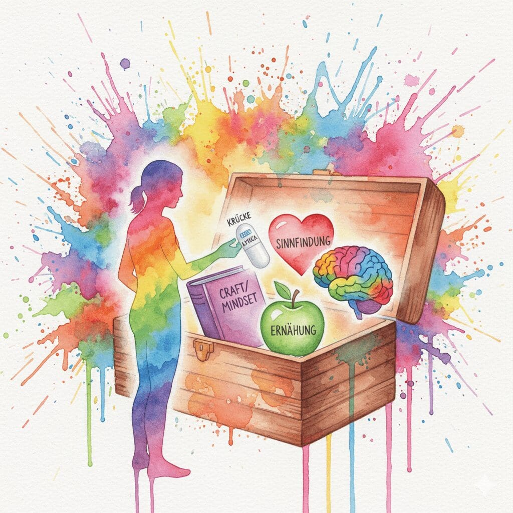 Eine Pille wird als kleines Werkzeug in einen großen Hilfekasten mit Mindset-, Therapie- und Ernährungs-Symbolen gelegt. Symbol für einen ganzheitlichen Ansatz.