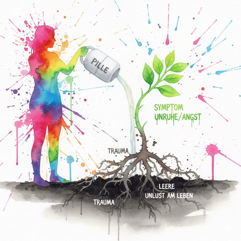 Eine Person gießt das Symptom (eine Pflanze), während die Wurzeln (Trauma, Mindset) ignoriert werden. Symbol für die Symptombekämpfung durch Lyrica.