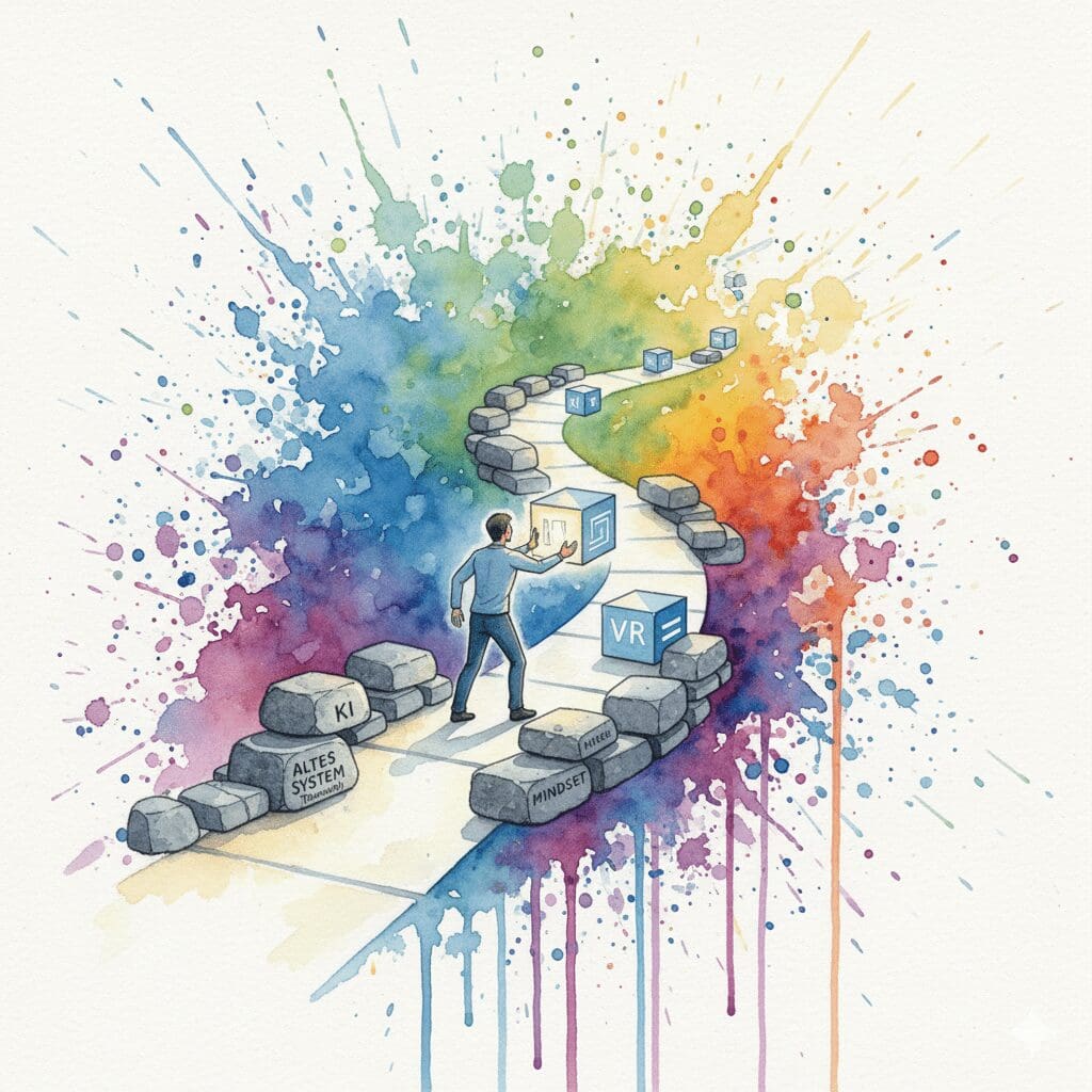 Eine Person baut ihren eigenen Weg aus alten (Therapie) und neuen (KI, VR, Mindset) Bausteinen. Symbol für die individuelle Recovery der Zukunft.