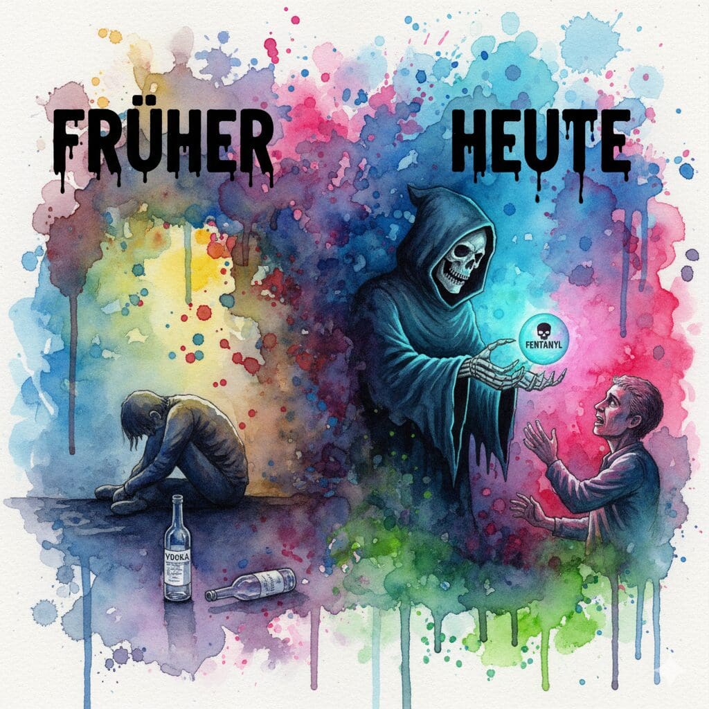 Ein Geteiltes Bild: Links der "alte" Rock Bottom mit einer Flasche, rechts der "neue" Rock Bottom, wo der Tod eine Fentanyl-Pille anbietet.