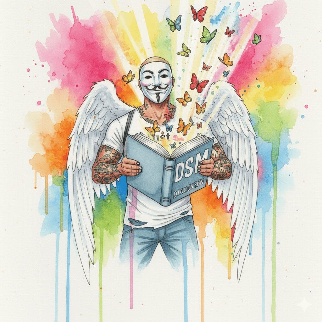 Die NeelixberliN-Figur zerreißt das Diagnose-Buch und befreit sich. Symbol für die Rückgewinnung der eigenen Identität jenseits von Labels.