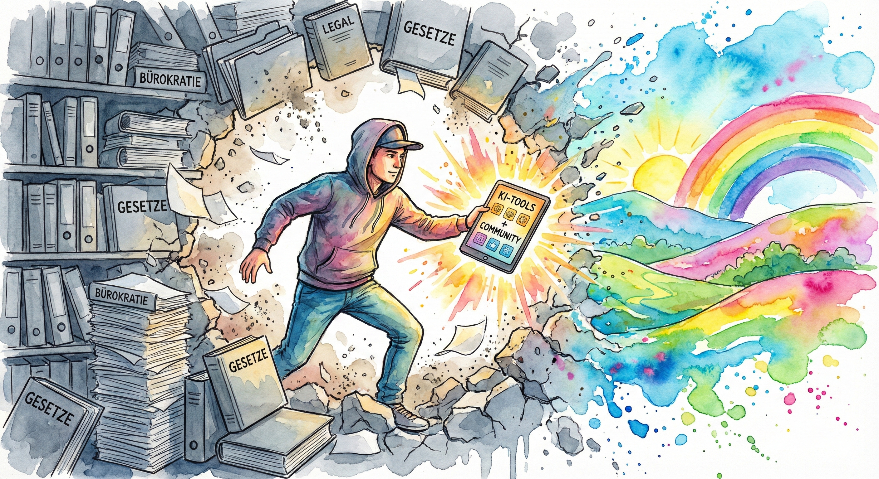 NeelixberliN bricht durch eine Mauer aus Bürokratie und hält digitale Hilfswerkzeuge in der Hand.