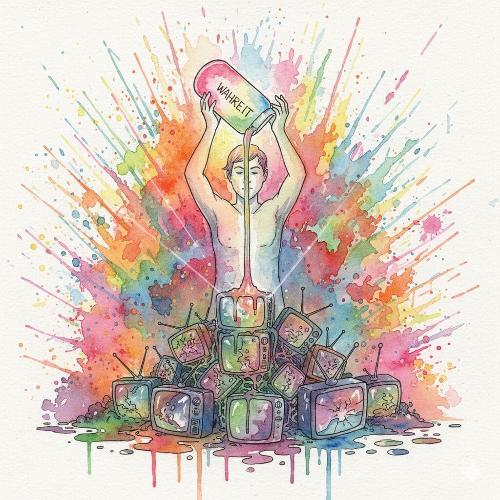 Eine Flasche mit der Aufschrift "WAHRHEIT" wird über giftige Fernseher und Smartphones geschüttet. Symbol für NeelixberliN als Gegengift zur Glamour-Lüge.