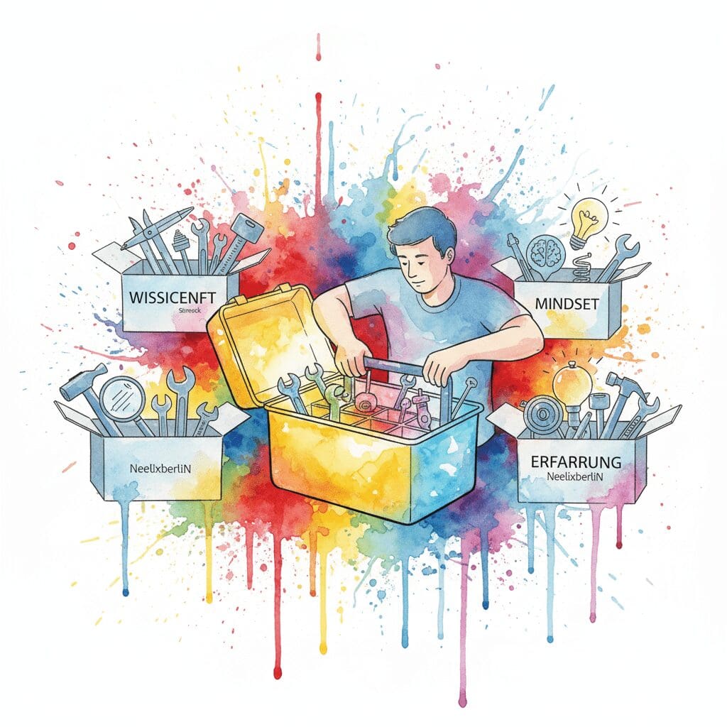 Eine Person baut sich ihren eigenen Werkzeugkasten aus Wissenschaft und Erfahrung. Symbol für einen individuellen Recovery-Weg.