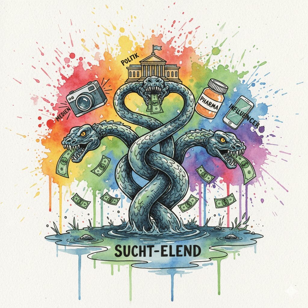 Eine vielköpfige Hydra, deren Köpfe (Medien, Politik, Pharma, Influencer) Geld aus einem Sumpf fressen. Symbol für den Kreislauf des Profits in der Sucht-Industrie.