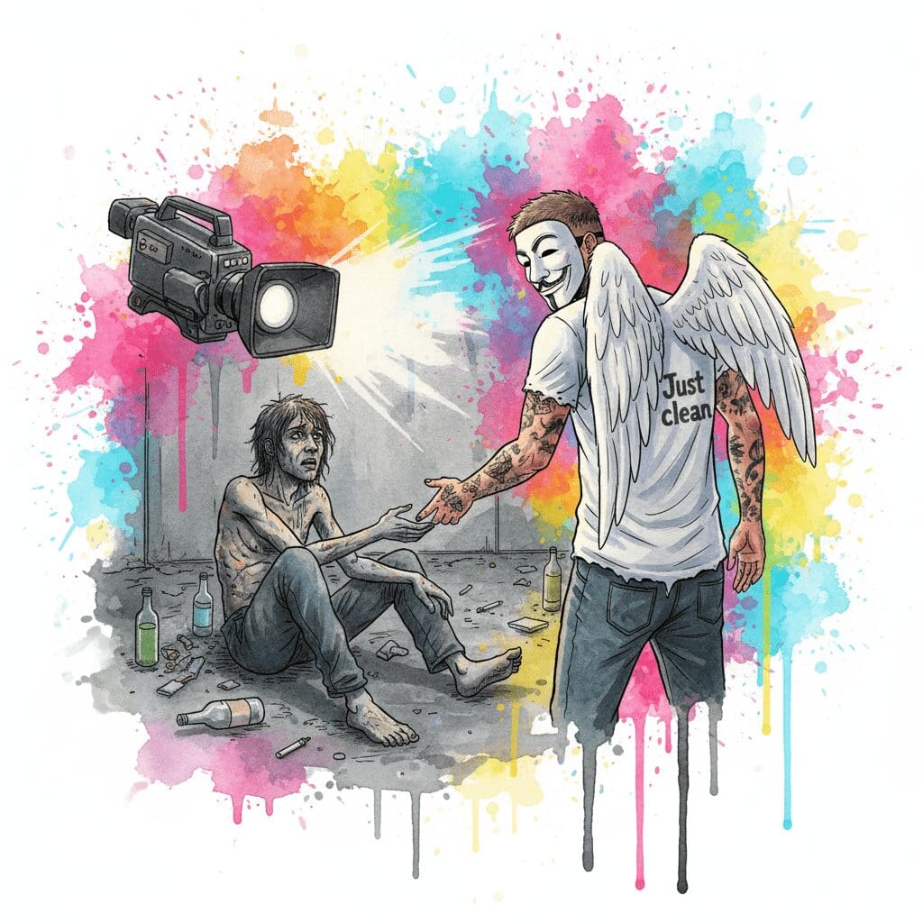 Die NeelixberliN-Figur blockiert eine Kamera und hilft stattdessen einer Person am Boden auf. Symbol für echte Hilfe statt Voyeurismus.