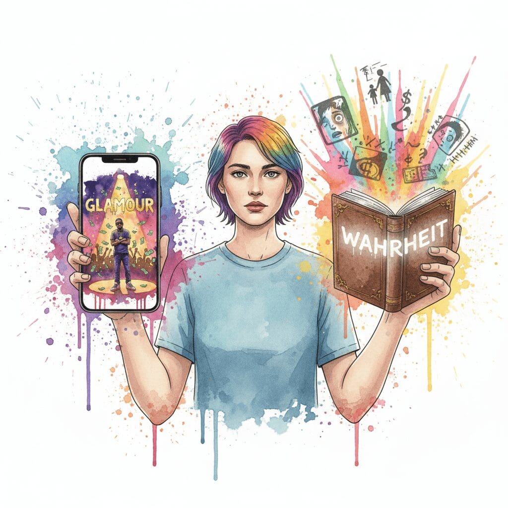 Ein Buch der Wahrheit überlagert und entlarvt ein glamouröses Drogen-Bild auf einem Smartphone. Symbol für unzensierte Aufklärung.