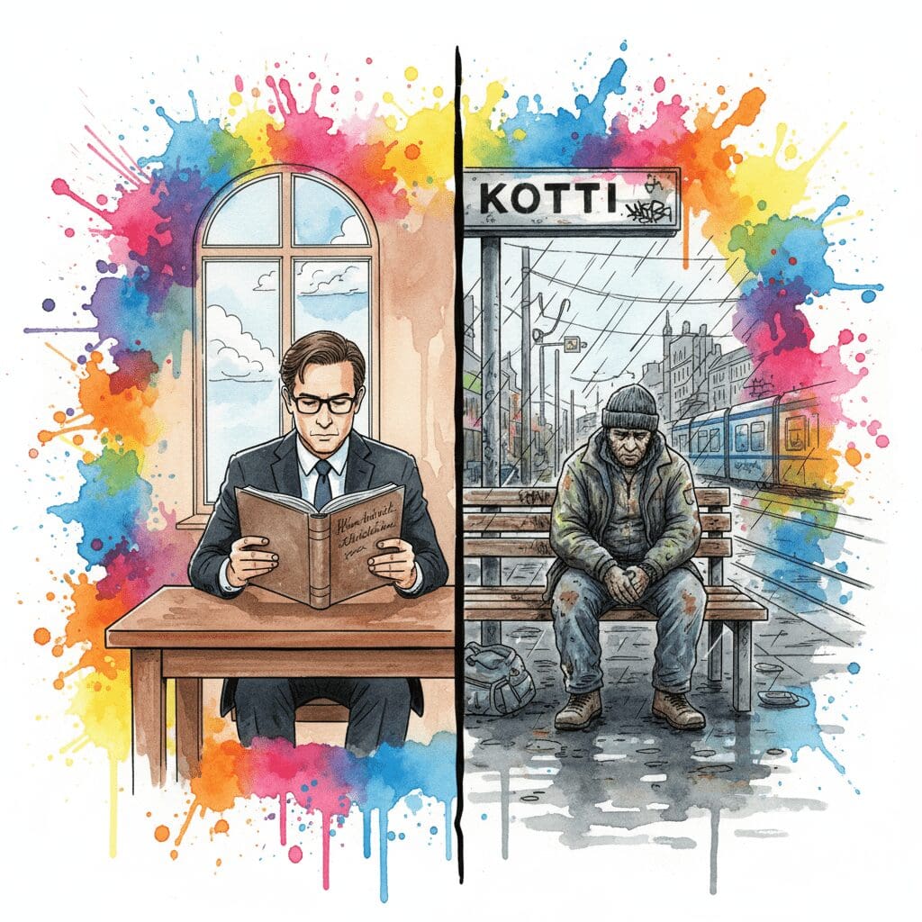 Geteiltes Bild: Links ein Theoretiker im Elfenbeinturm, rechts ein Süchtiger in der Realität am Kotti. Symbol für den Unterschied zwischen Lehrbuchwissen und gelebter Erfahrung.