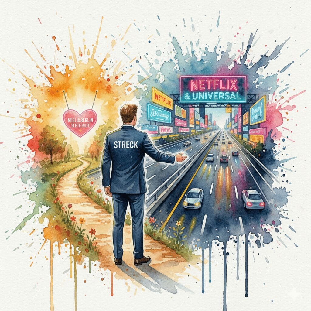 Eine Symbolfigur (Streeck) wählt den breiten Netflix-Weg statt den schmalen Pfad der echten Hilfe. Symbol für die Politik-Lüge und das Ignorieren der Basis.