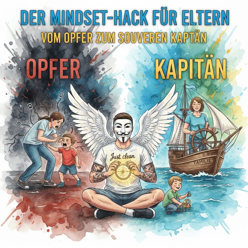 "Der Mindset-Hack für ELTERN". Die NeelixberliN-Figur beobachtet die Transformation von einer gestressten Eltern-Opferrolle zu einem souveränen Familien-Kapitän. Knallige Watercolor-Farben.