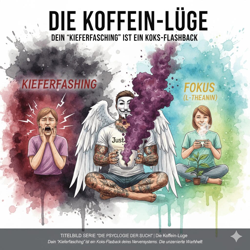 Titelbild "Die Koffein-Lüge". Die NeelixberliN-Figur warnt vor Kaffee, der als Stimulans "Kieferfasching" wie nach Kokain auslöst. Im Kontrast dazu steht L-Theanin für Fokus.
