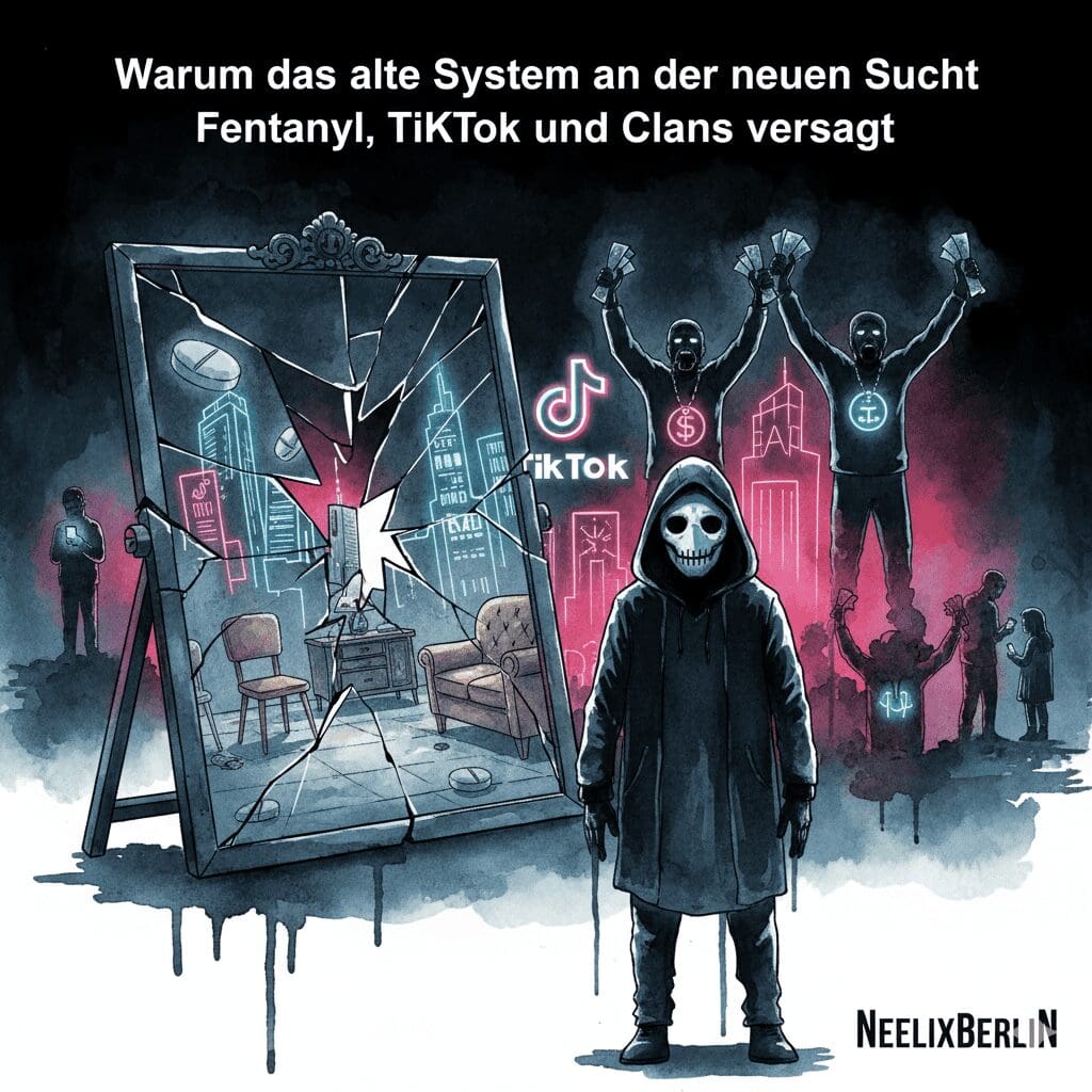 Titelbild "Die bequeme Lüge: Suchthilfe 2025". Eine NeelixberliN-Figur vor einem zerbrochenen Spiegel, der die alte Suchthilfe zeigt. Im Hintergrund glühen Neon-Symbole von Fentanyl-Pillen, TikTok, Clan-Rappern und überforderten Eltern.