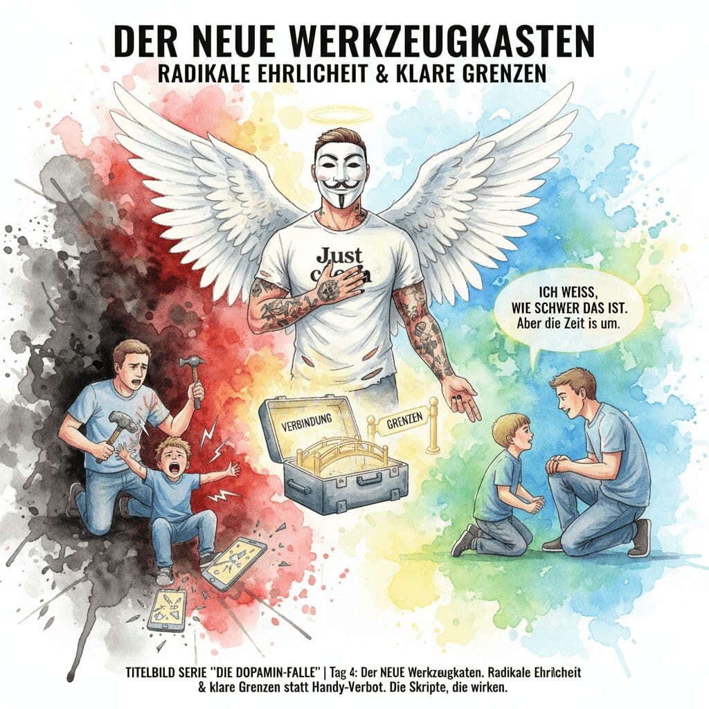 "Der NEUE Werkzeugkasten". Die NeelixberliN-Figur präsentiert Eltern goldene Werkzeuge (Verbindung, Grenzen) als Alternative zu Bestrafung im Kampf gegen digitale Sucht.