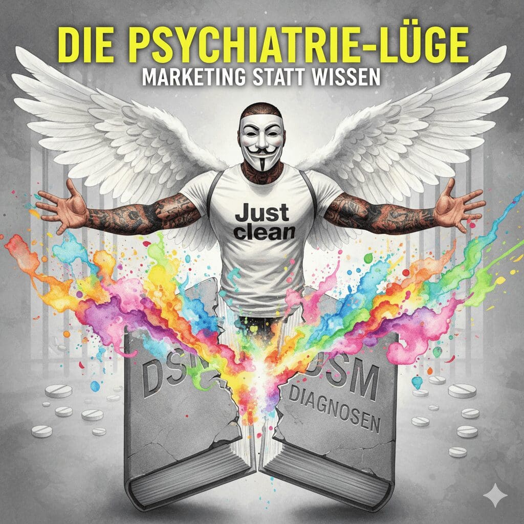 Titelbild "Die Psychiatrie-Lüge". Die NeelixberliN-Figur zerbricht ein graues DSM-Diagnosebuch, aus dem buntes Licht strömt. Symbol für die Kritik an psychiatrischen Dogmen.