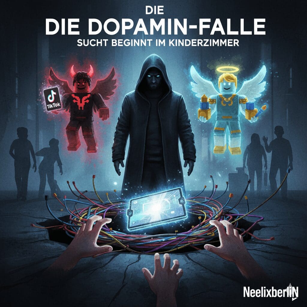 "Die Dopamin-Falle": Eine NeelixberliN-Figur, umgeben von einem Roblox-Engel und einem Roblox-Teufel, blickt auf einen digitalen Strudel, in dem Kinderhände nach einem Smartphone greifen. Eltern-Silhouetten im Hintergrund.