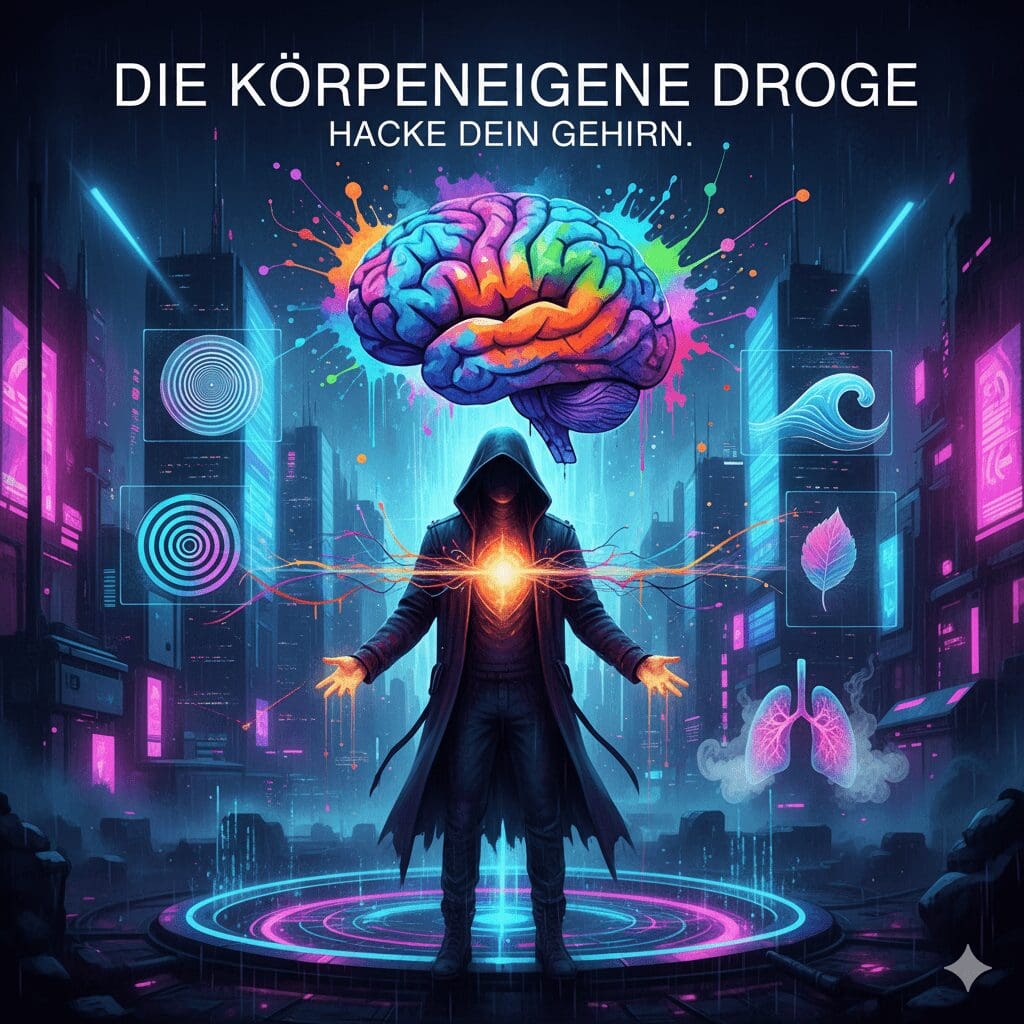 Titelbild "Die körpereigene Droge: Hacke dein Gehirn". Eine NeelixberliN-Figur "programmiert" ein leuchtendes, psychedelisches Gehirn, umgeben von optischen Illusionen und natürlichen Highs.