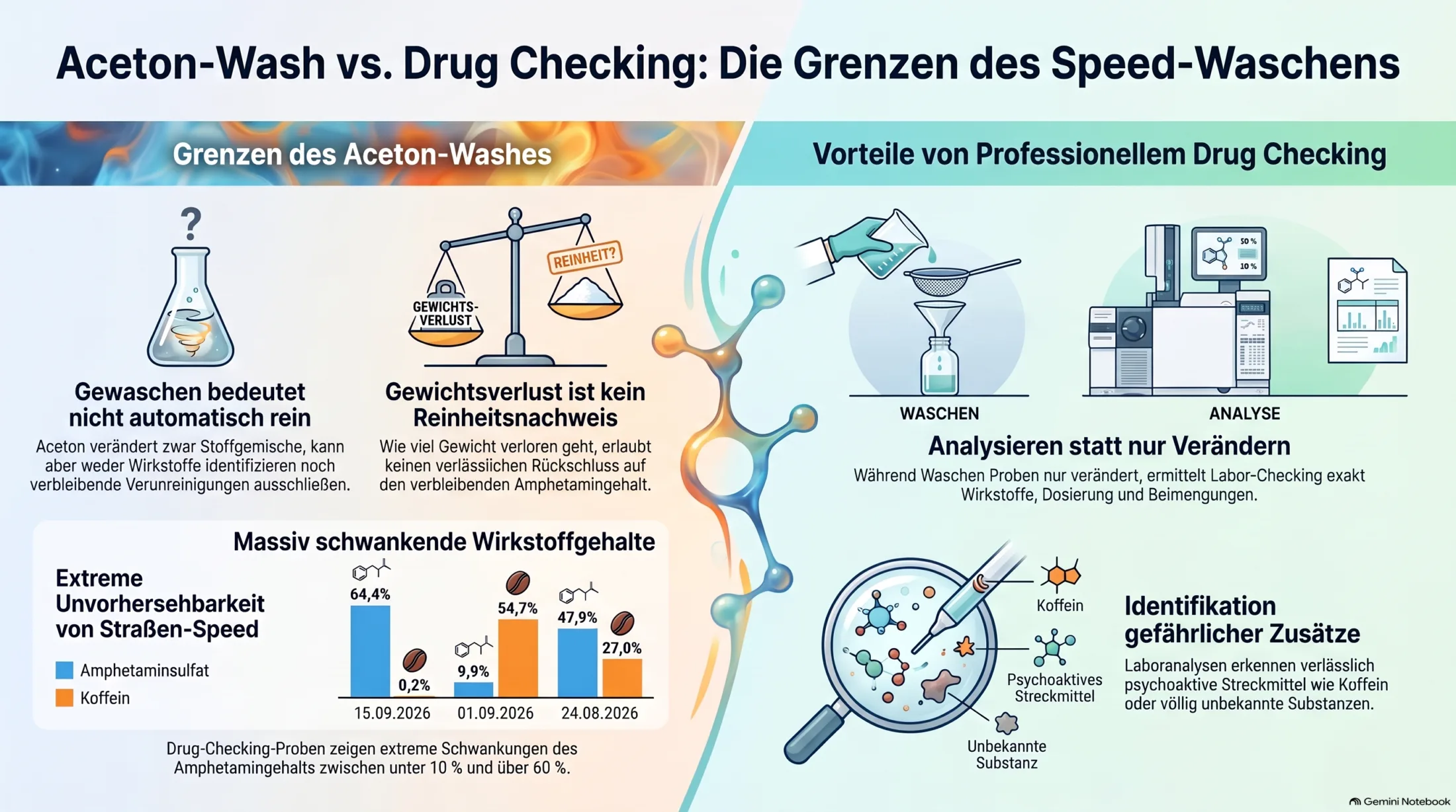 Infografik Aceton-Wash versus Drug Checking bei Speed und Amphetamin mit Vergleich von Reinigung, Reinheit, Koffein, Streckmitteln und Laboranalyse