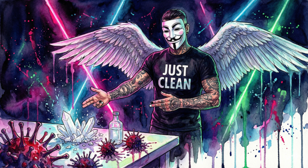 NeelixberliN warnt vor Chemsex-Drogen (Kristalle, GBL), die sich visuell in Viren verwandeln. Watercolor Stil.