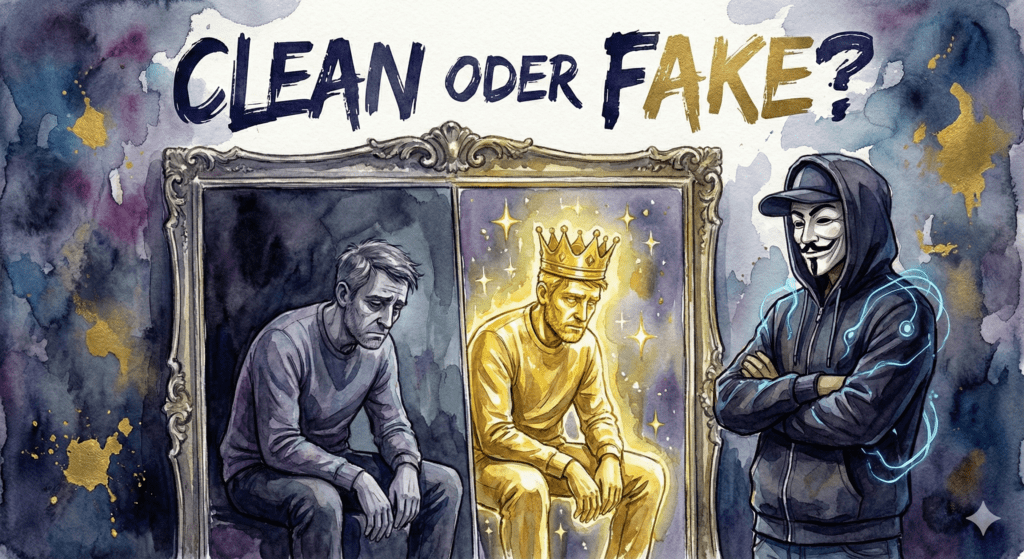 Illustration im Watercolor-Stil: Die NeelixberliN-Figur beobachtet kritisch einen Mann, dessen Spiegelbild einen falschen goldenen König zeigt.