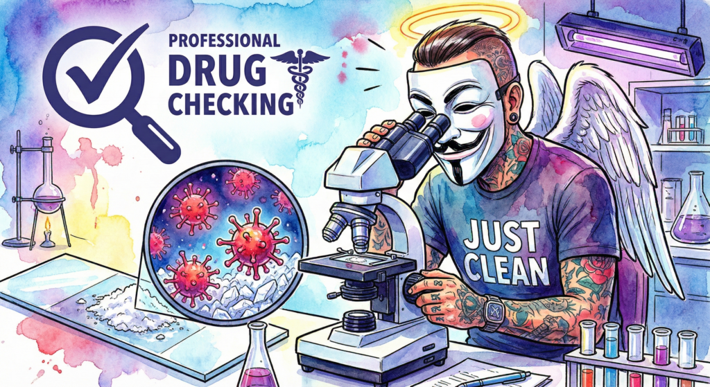 NeelixberliN Avatar schaut durch ein Mikroskop auf Ketamin-Pulver und entdeckt versteckte, rote Medetomidin-Moleküle. Symbol für professionelles Drug Checking.