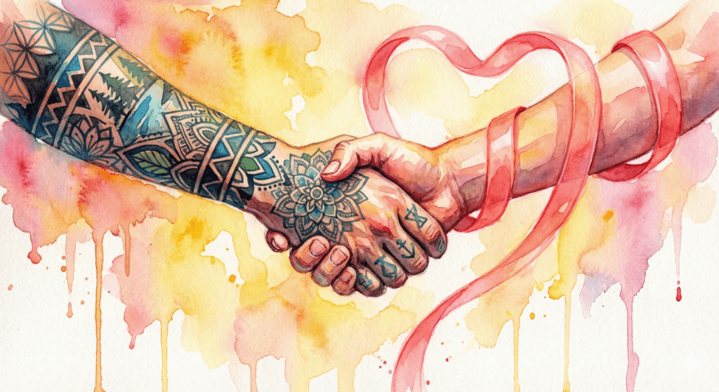 Hände halten sich fest, umwickelt von roter Aids-Schleife. Symbol für Buddy-Arbeit und Hilde.gard76.