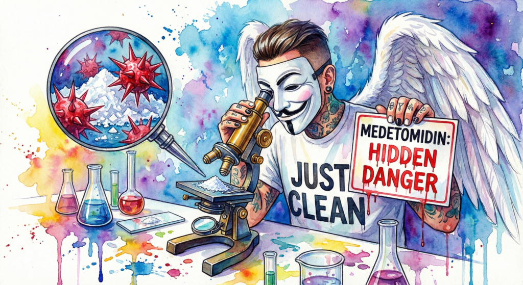 NeelixberliN betrachtet weißes Ketamin-Pulver unter dem Mikroskop und findet rote, stachelige Medetomidin-Moleküle. Aufruf zum Drug Checking.