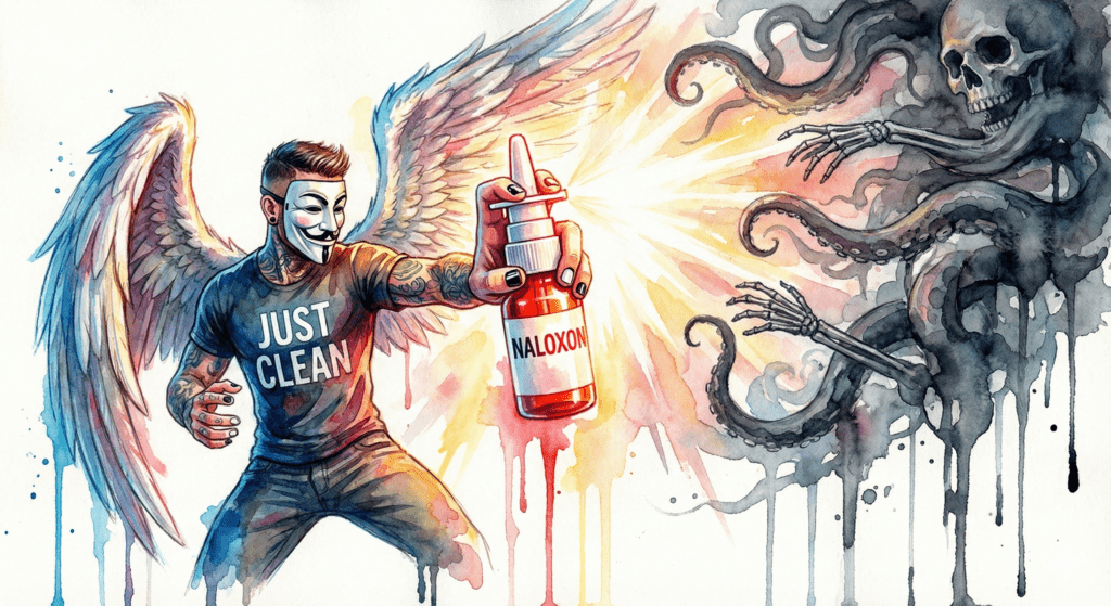 NeelixberliN Avatar hält Naloxon Nasenspray als Schutzschild gegen Opioid-Überdosis und Cyclorphin.