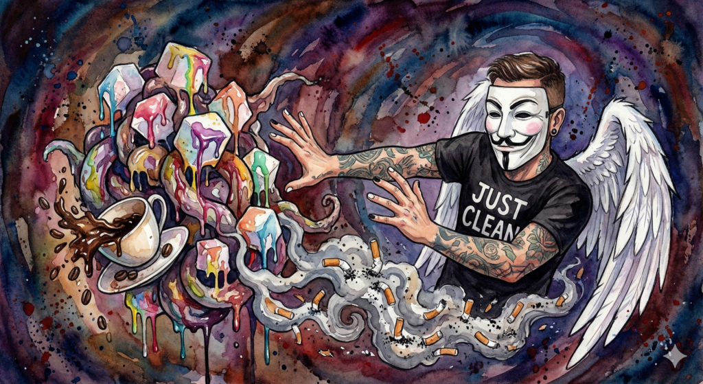 NeelixberliN wehrt sich gegen eine Monster-Masse aus Zucker, Kaffee und Zigaretten. Bunter Watercolor Stil.