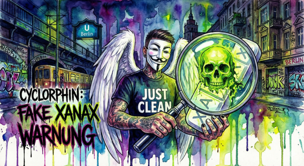 NeelixberliN Avatar mit Lupe vor Fake-Xanax, die giftig aussieht. Warnung vor Cyclorphin.