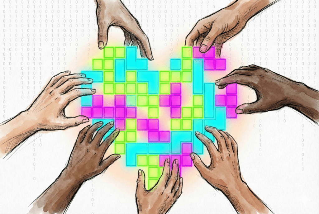 Bunte Hände setzen ein Herz aus Tetris-Bausteinen zusammen – Symbol für das neue Community-Finanzierungsmodell von NeelixberliN.