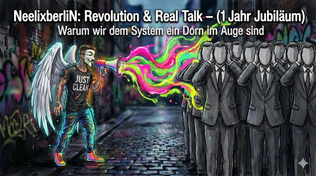 Eine leuchtende Figur (NeelixberliN) schreit durch ein Megafon gegen eine graue Wand aus Anzugträgern an – Symbol für unabhängige Drogenaufklärung gegen das System.