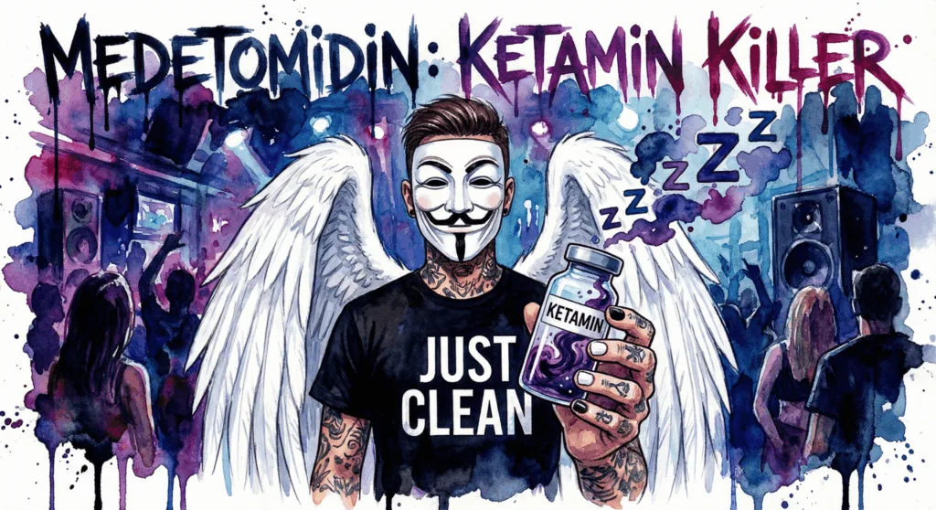 NeelixberliN Avatar mit Anonymous Maske warnt vor einer Phiole mit lila Flüssigkeit, die Medetomidin im Ketamin symbolisiert. Graffiti-Text: Medetomidin Ketamin Killer.