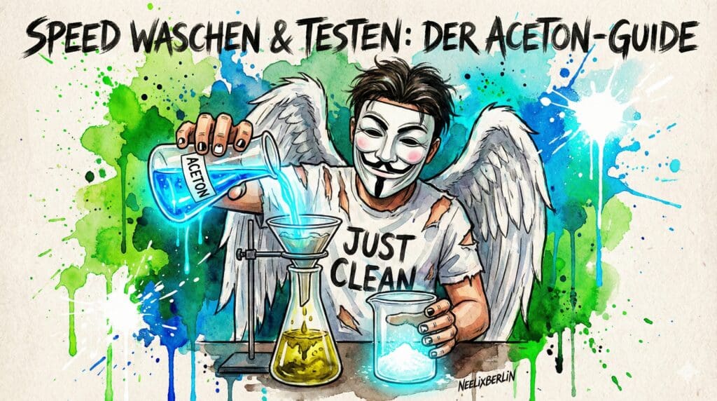 Aquarell-Titelbild: NeelixberliN Figur (Anonymous Maske, Engelsflügel, 'Just Clean' Shirt) wäscht Speed mit Aceton im Labor. Text: "SPEED WASCHEN & TESTEN: DER ACETON-GUIDE".