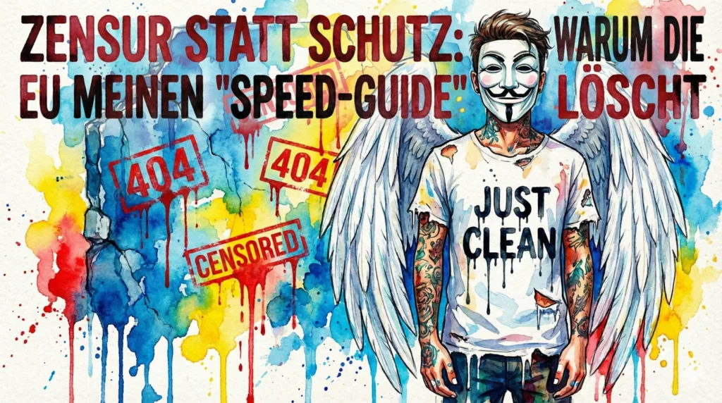 Expressives Aquarell: NeelixberliN mit Maske, Engelsflügeln und 'Just Clean' Shirt kämpft gegen eine zerlaufende Wand aus EU-Zensur-Stempeln.