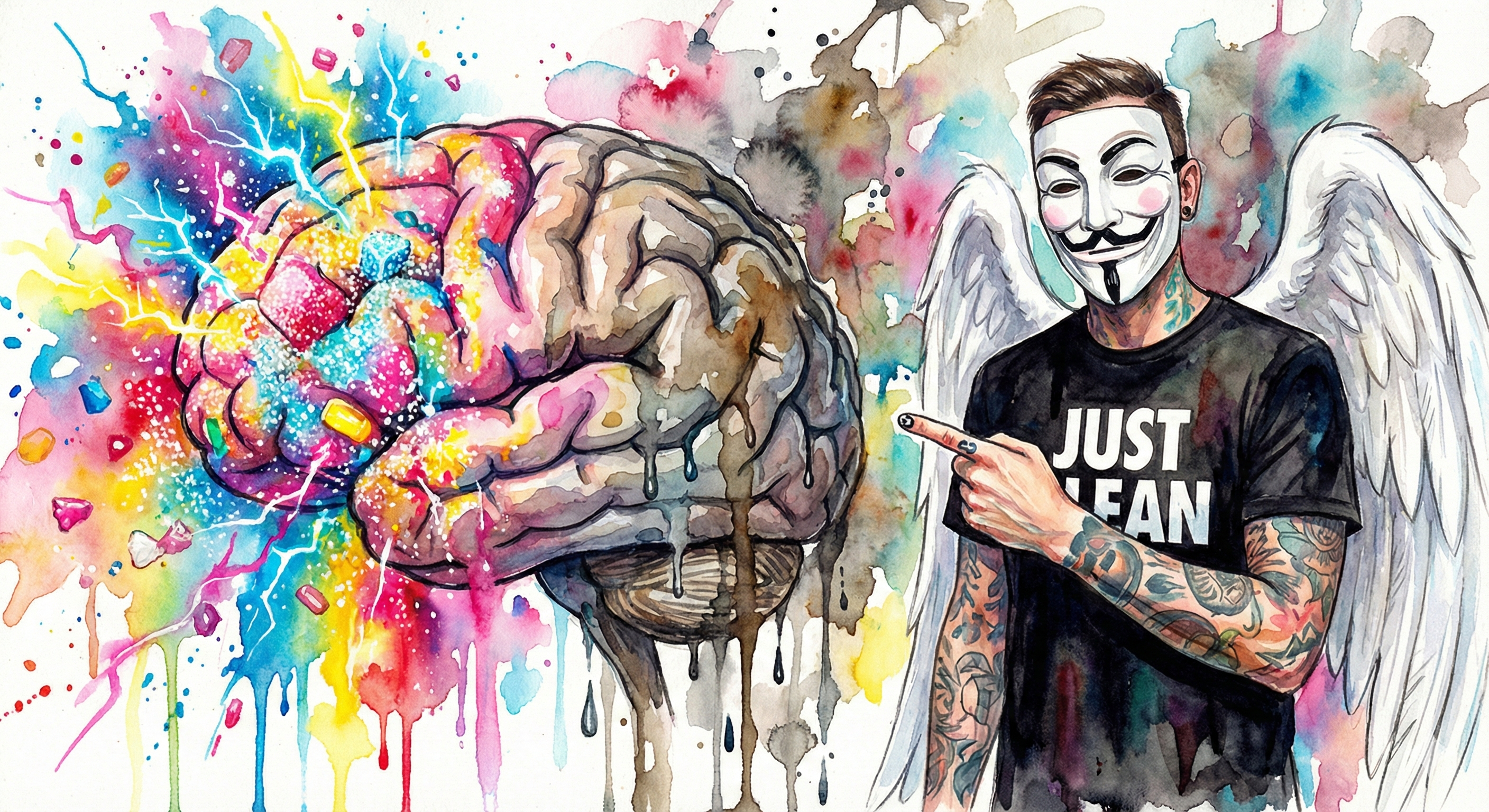 NeelixberliN Figur zeigt auf ein Gehirn, das halb aus Zucker explodiert und halb grau zerläuft. Watercolor Stil.