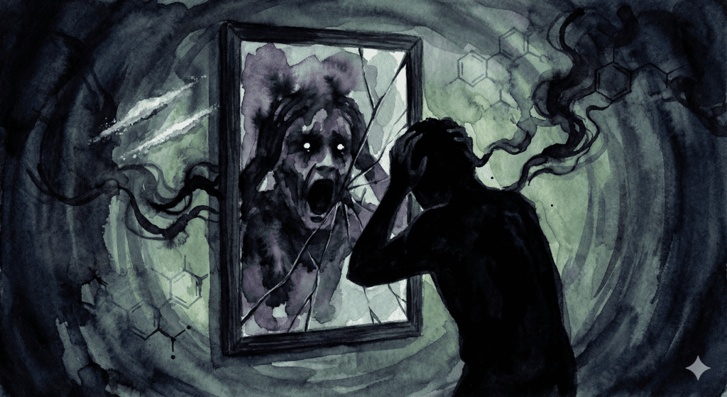 Person vor zerbrochenem Spiegel mit Psychose Fratze Schattenmenschen durch NEP Konsum