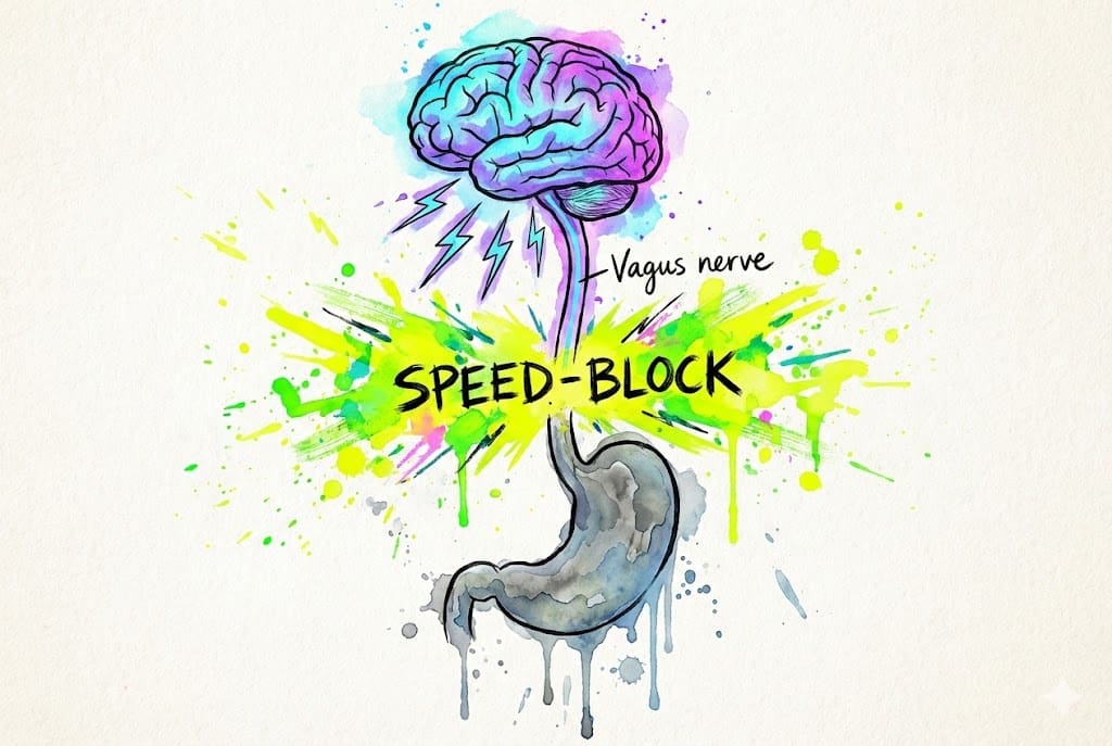 Aquarell-Illustration: Gehirn sendet Signale, die von einer "SPEED-BLOCK" Barriere gestoppt werden, Magen ist inaktiv. Knallige Farben.