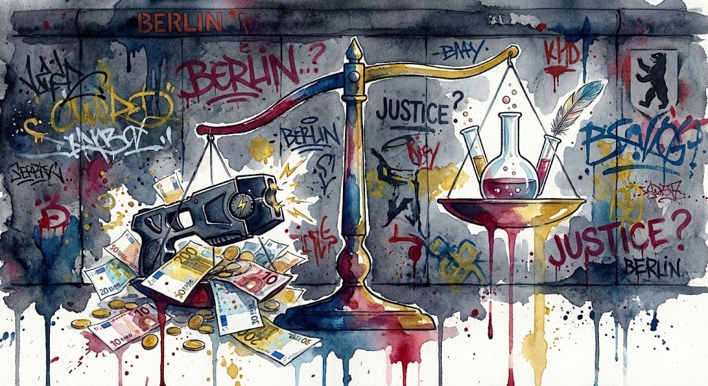 Waage zeigt Ungleichgewicht: Schwerer Polizeitaser mit Geld vs. leichtes Reagenzglas für Drug Checking.