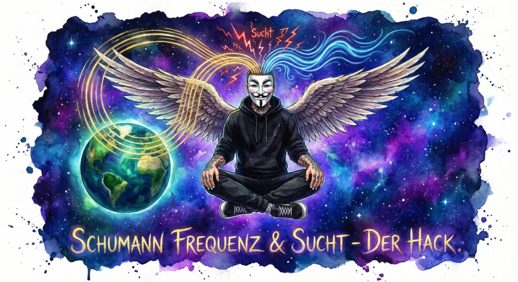 "Schumann-Frequenz & Sucht". Die NeelixberliN-Figur meditiert schwebend über der Erde, während goldene 7,83 Hz Frequenzen das rote Chaos im Kopf in blaue Harmonie verwandeln.
