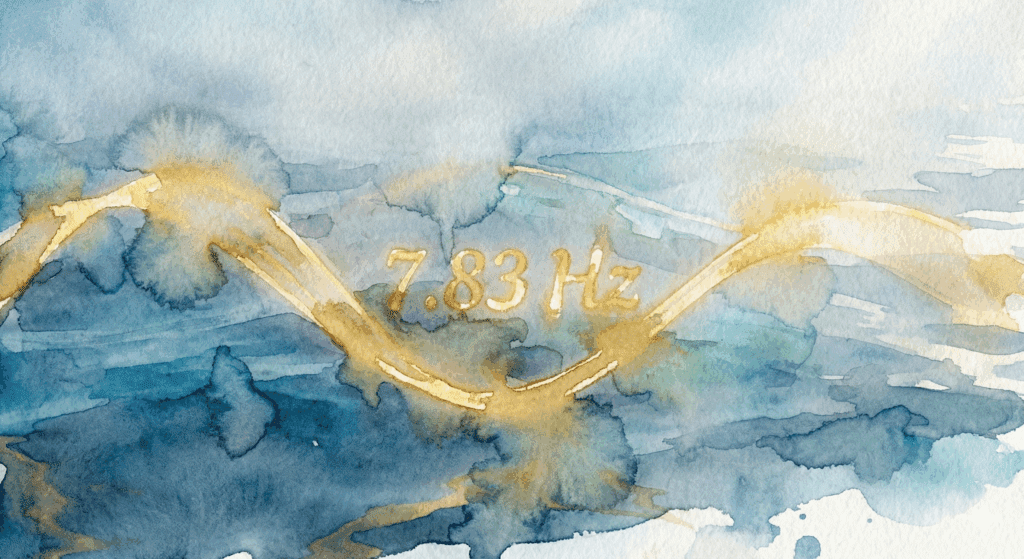 Eine goldene, leuchtende Schallwelle gleitet durch den Raum, in der Mitte steht die Zahl 7,83 Hz. Symbol für die Erdresonanzfrequenz.