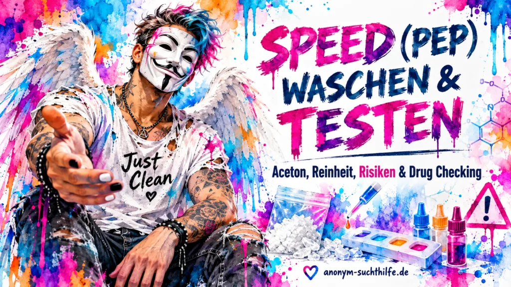 Infografik zu Speed waschen mit Aceton, Drug Checking, Koffein, Wirkstoffgehalt und Risiken unbekannter Beimengungen