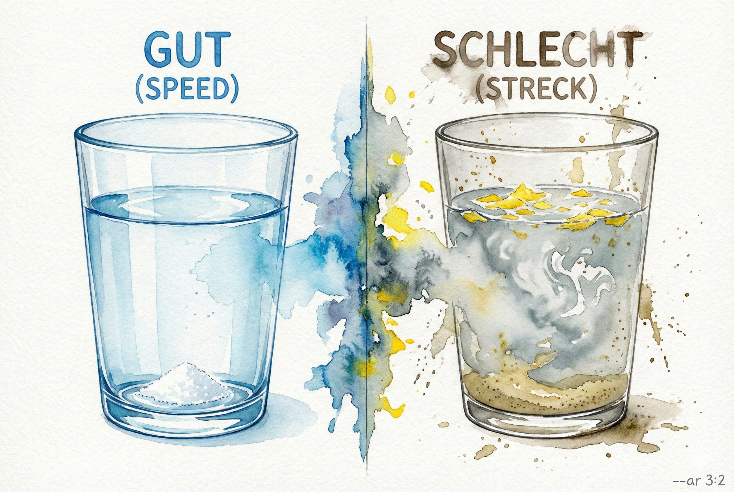 Aquarell-Vergleich des Wasser-Löslichkeitstests für Speed. Links: Klares Wasser, Pulver gelöst (gut). Rechts: Trübes Wasser, Bodensatz (schlecht/gestreckt).
