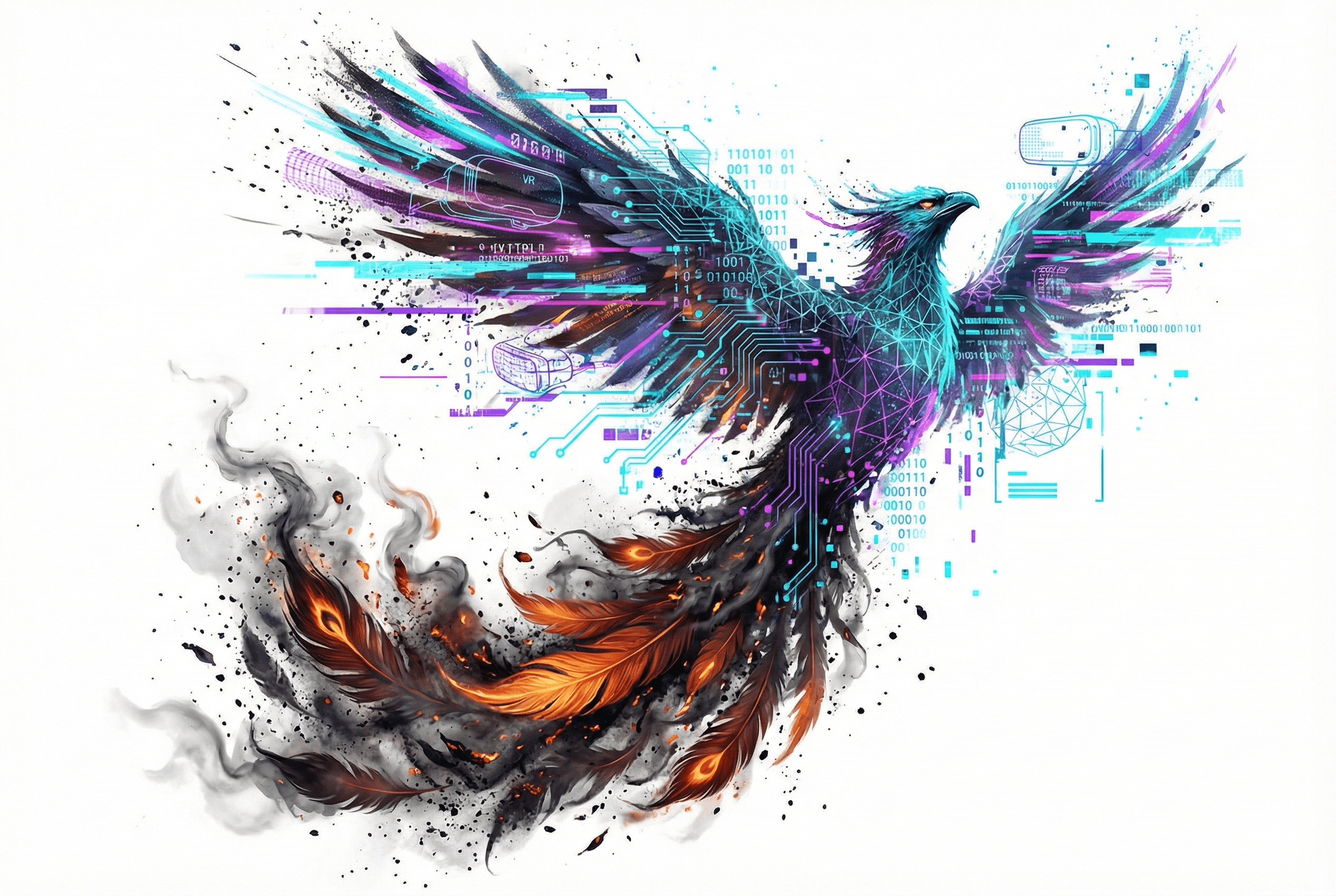 Ein Phönix verwandelt sich in digitale Pixel und VR-Brillen – Symbol für die Verschmelzung von Recovery und High-Tech (KI/VR).