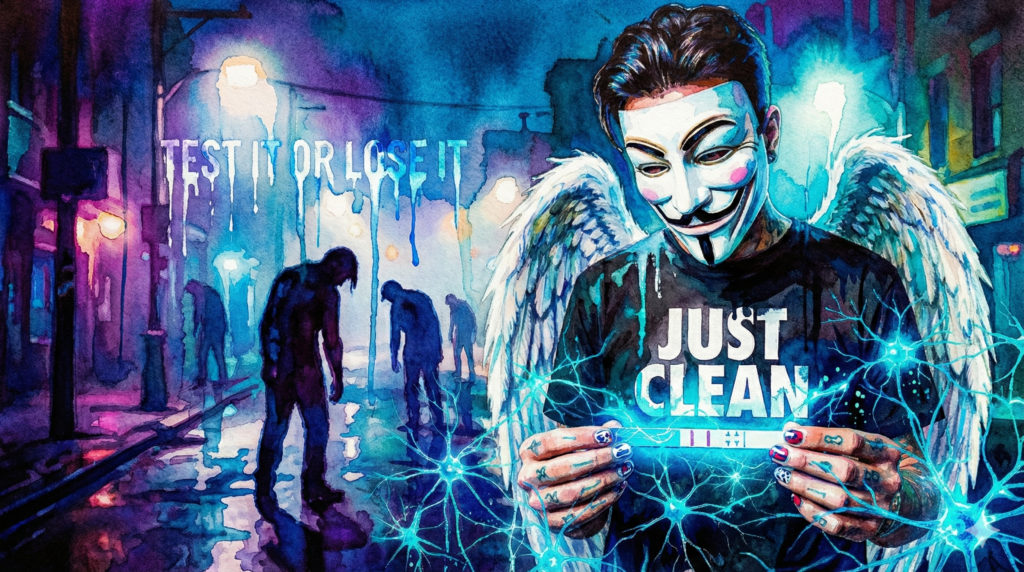 NeelixberliN Figur (Anonymous Maske, Engelsflügel, Just Clean Shirt) hält einen Xylazin Teststreifen in der Hand, im Hintergrund unscharf Menschen im Tranq-Rausch.