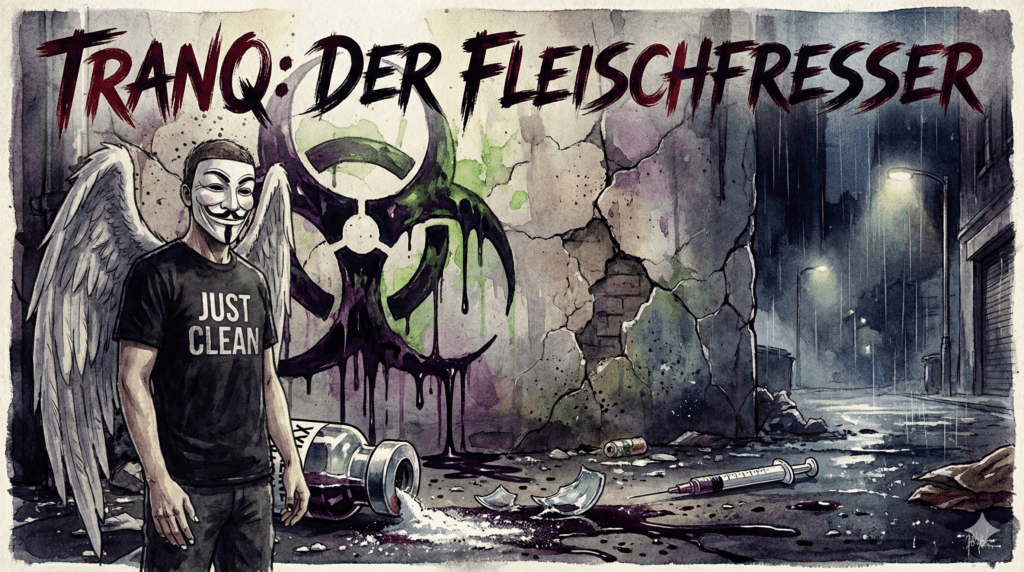 Aquarell-Illustration: Warnsymbol für Tranq (Xylazin) und zerbrochene Medikamentenflasche