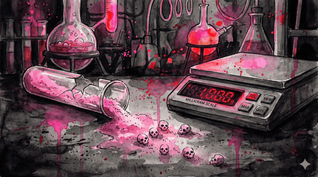 Milligramm-Waage mit pinkem Pulver und Totenkopf-Symbolik. Warnung vor Überdosierung.