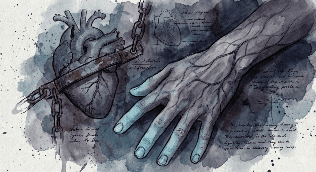 Medizinische Illustration von verengten Blutgefäßen in einer Hand, die blau anläuft.